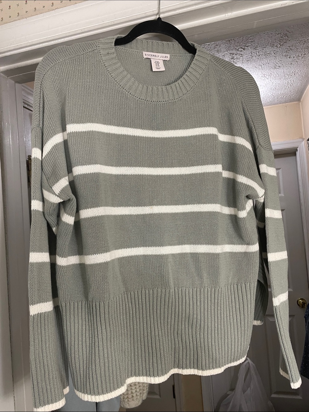 Sincerly Jules Sage Green and White Striped Crewneck Sweater